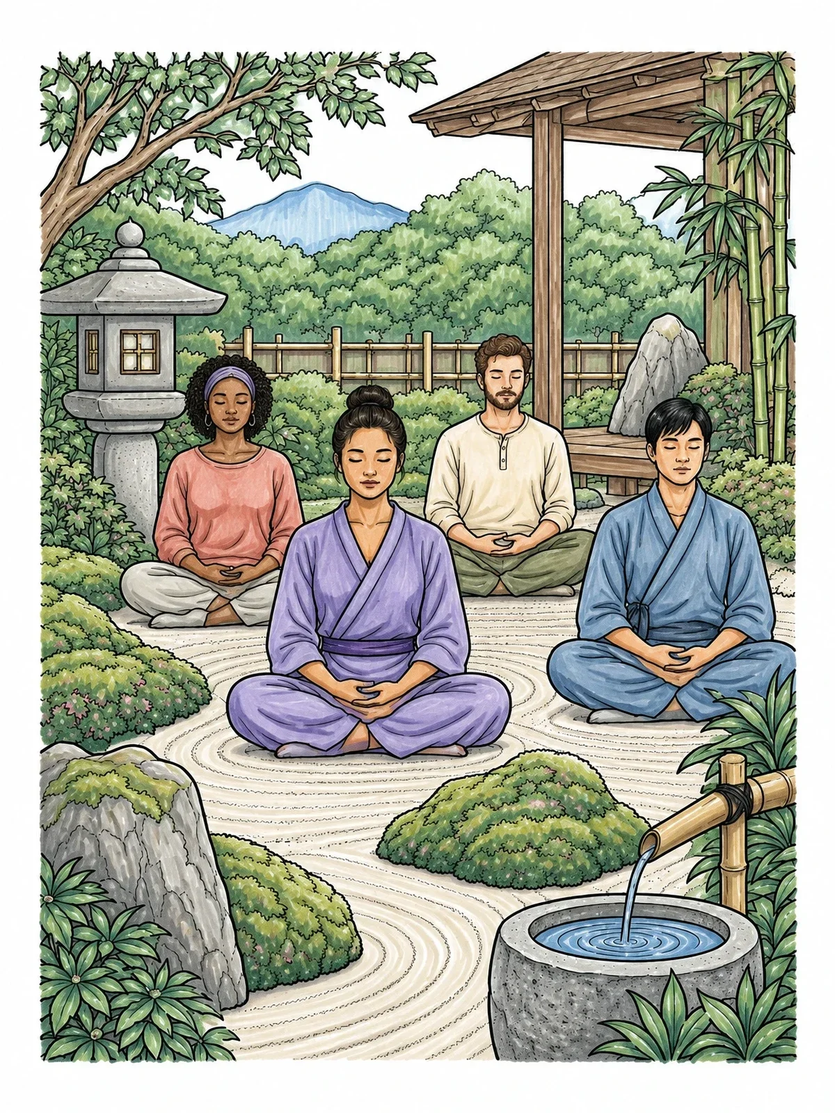 Colored example of the Group Meditation In A Zen Garden coloring page