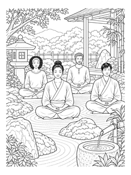 A group meditates peacefully in this mindfulness coloring page set in a Japanese zen garden.