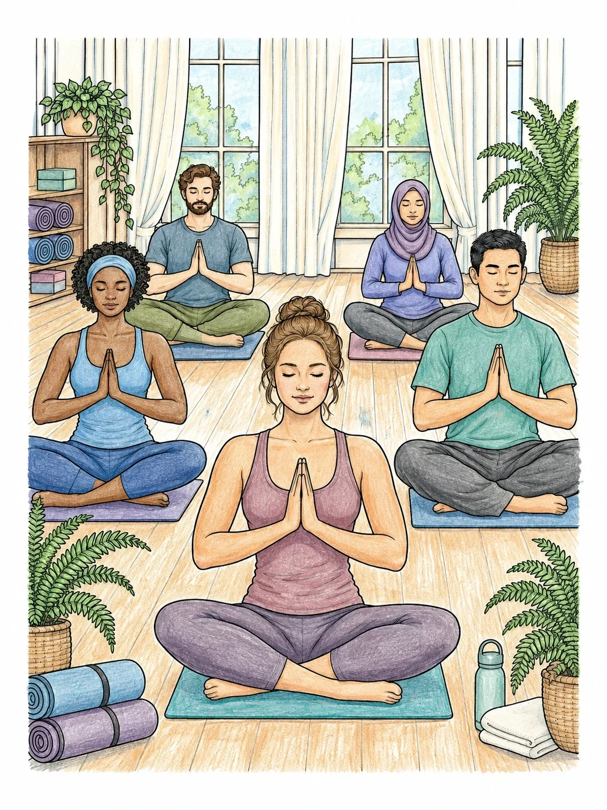 Colored example of the Group Yoga And Meditation Class coloring page