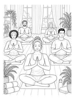 Diverse people meditating in a yoga studio on this mindfulness coloring page.