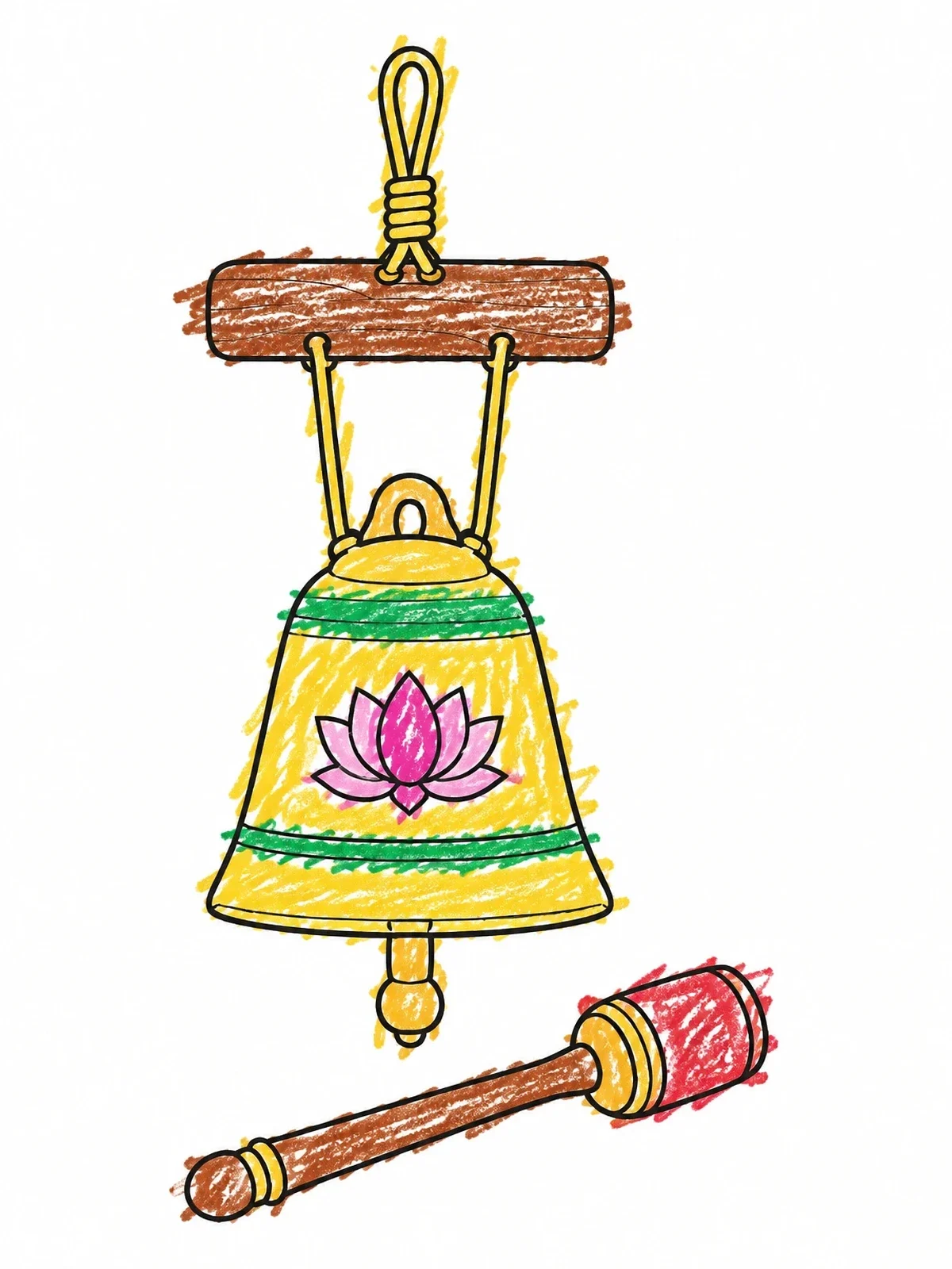 Colored example of the Hanging Meditation Bell And Mallet coloring page