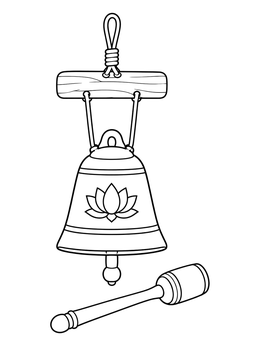 A peaceful mindfulness coloring page showing a hanging bell with a lotus flower and wooden mallet.