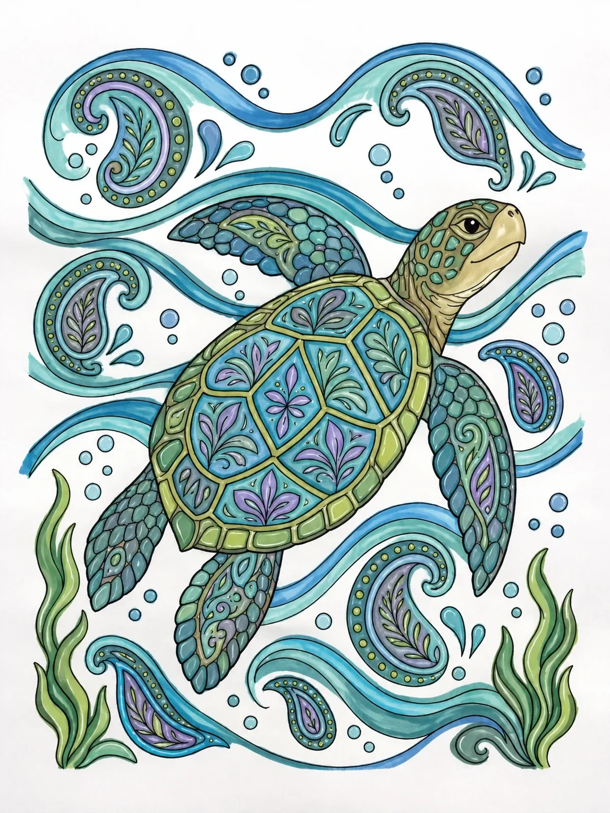 Colored example of the Intricate Paisley Sea Turtle coloring page