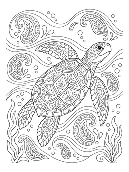 A detailed mindfulness coloring page featuring a sea turtle surrounded by flowing paisley ocean currents.