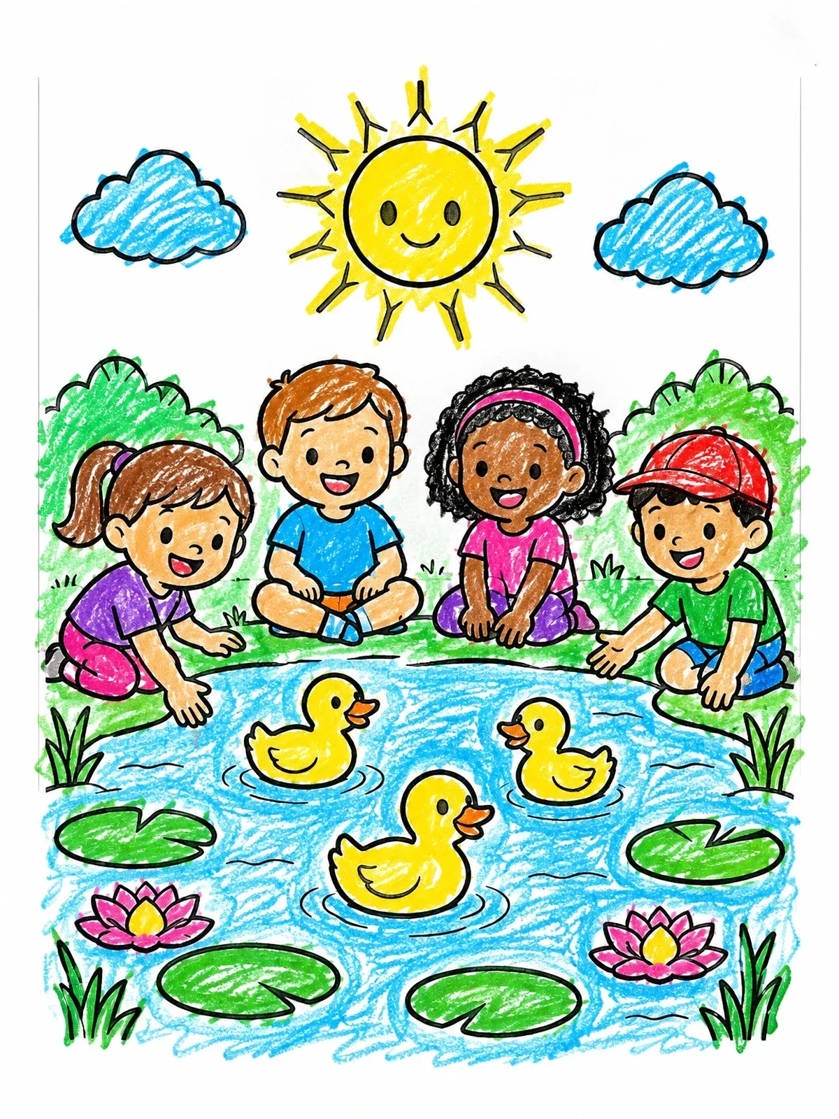 Colored example of the Children Watching Ducks By The Pond coloring page