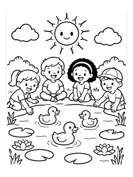Free printable Children Watching Ducks By The Pond coloring page