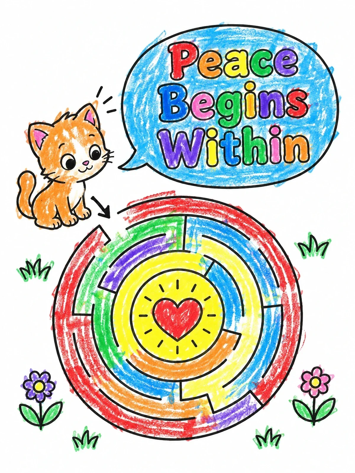 Colored example of the Kitten And Mindful Heart Maze coloring page