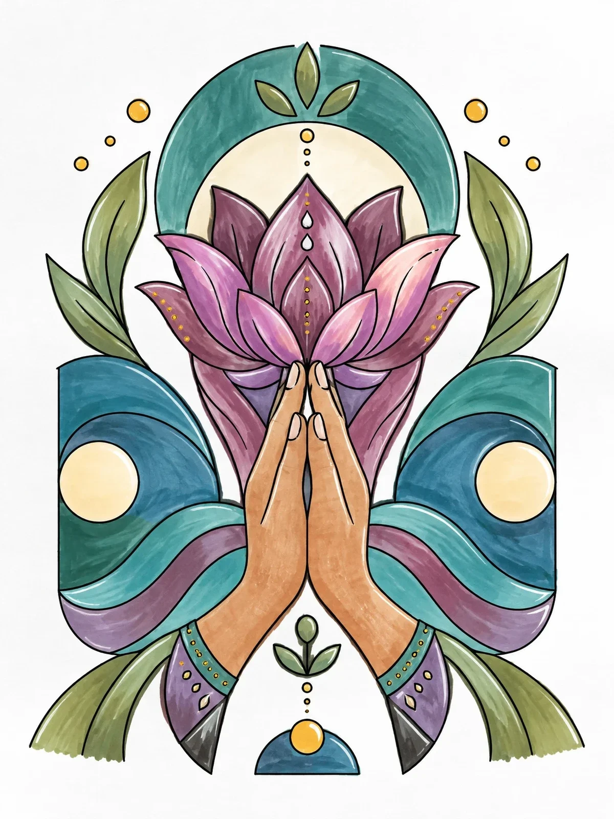 Colored example of the Lotus Blossom In Praying Hands coloring page