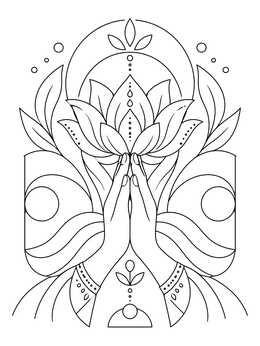A serene mindfulness coloring page featuring hands in prayer holding a blooming lotus flower.