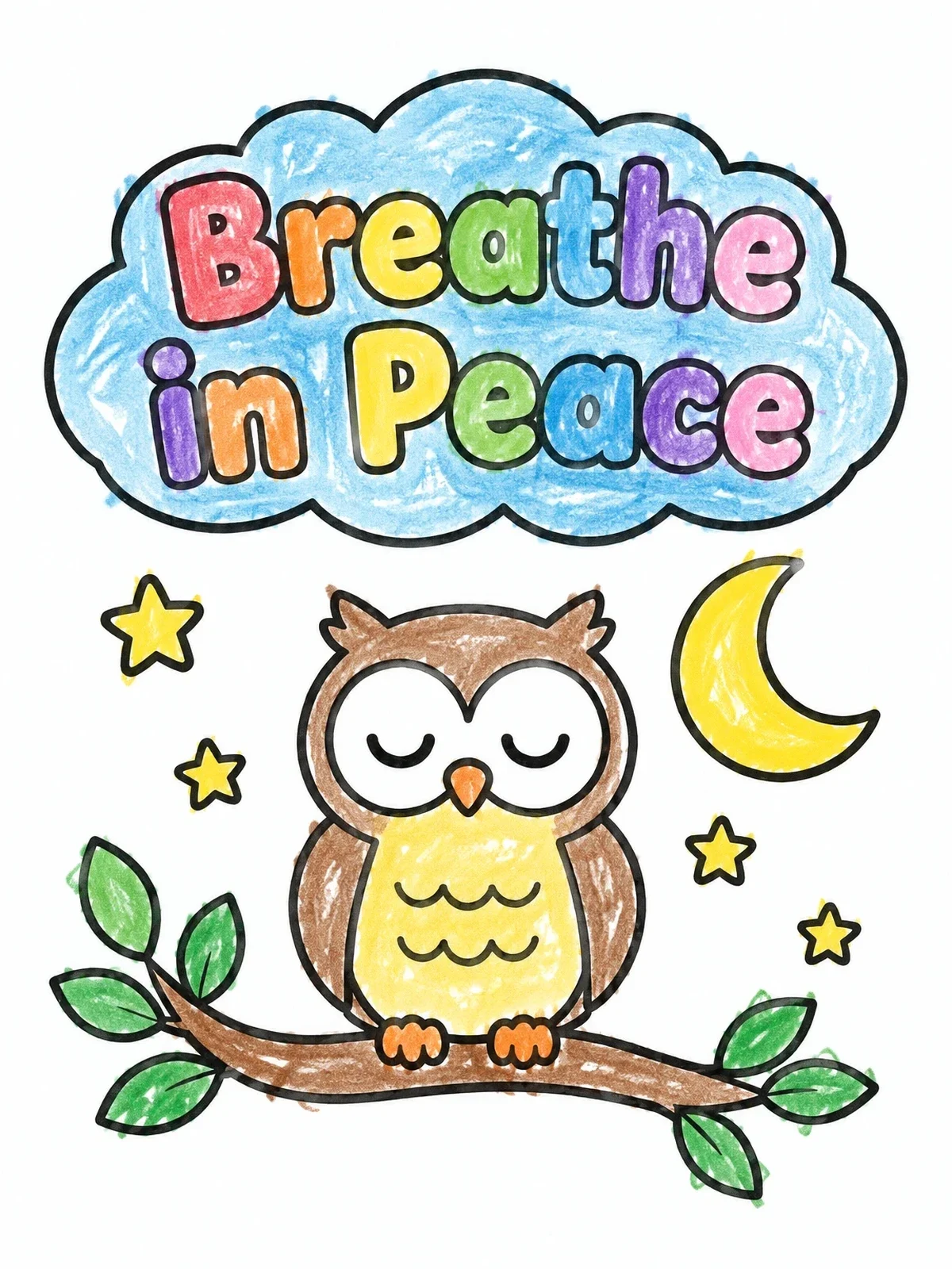 Colored example of the Meditating Owl Breathe In Peace coloring page