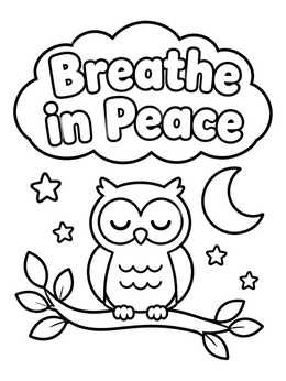 A cute mindfulness coloring page featuring a sleeping owl on a branch under a crescent moon.