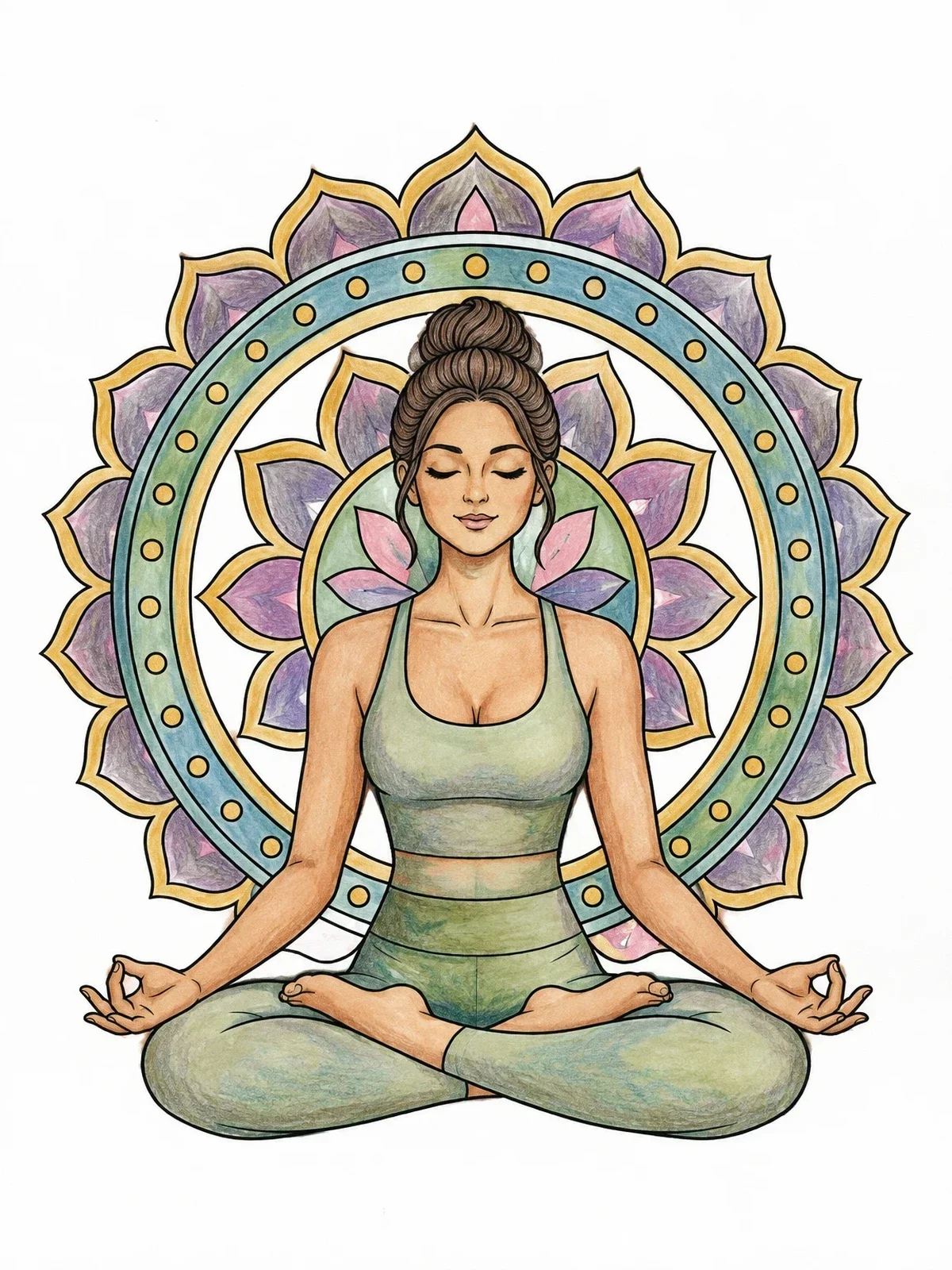 Colored example of the Meditating Woman With Mandala coloring page