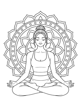 A peaceful woman in lotus pose inside this mindfulness coloring page.