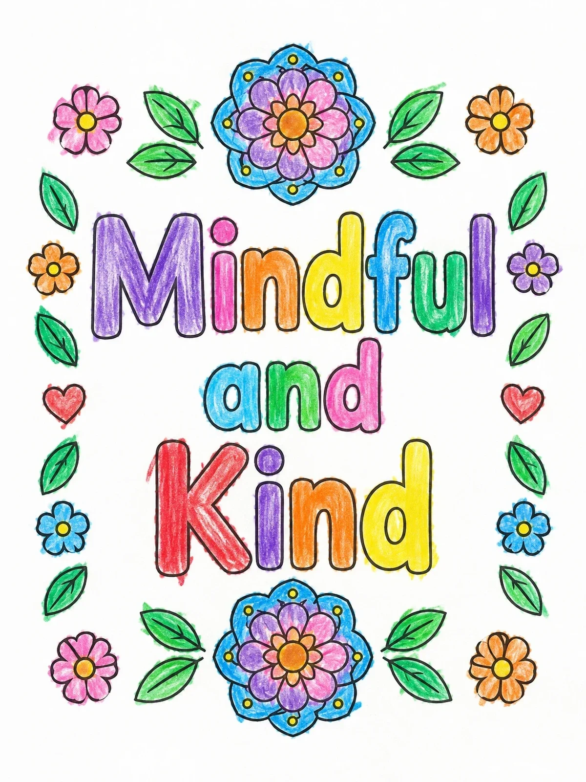 Colored example of the Mindful And Kind Floral Frame coloring page