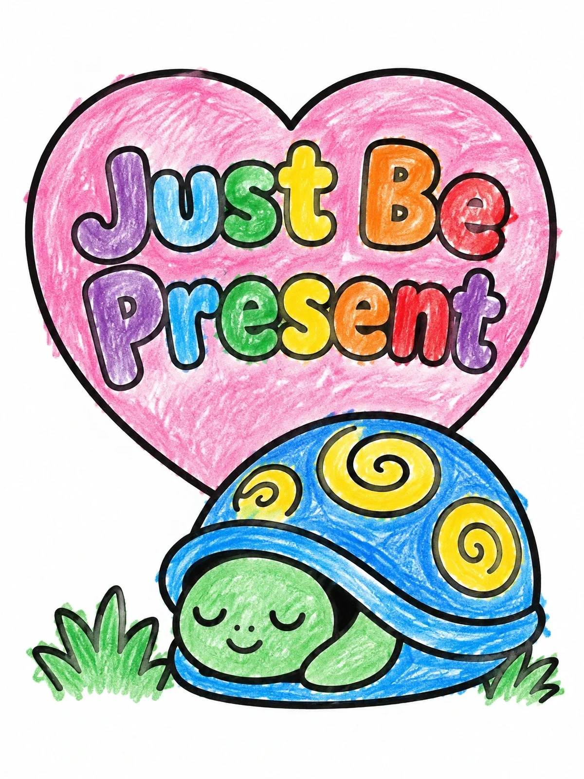 Colored example of the Mindful Turtle Just Be Present coloring page