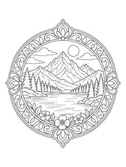 A serene mountain lake inside an ornate frame in this mindfulness coloring page.