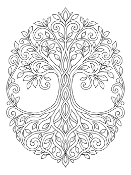 An intricate mindfulness coloring page featuring an ornate tree of life with swirling branches and roots.