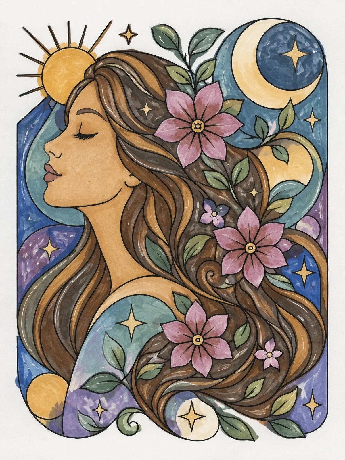 Colored example of the Serene Woman With Celestial Floral Hair coloring page