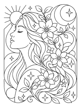 A serene woman in profile on this mindfulness coloring page with flowing floral hair and celestial motifs.