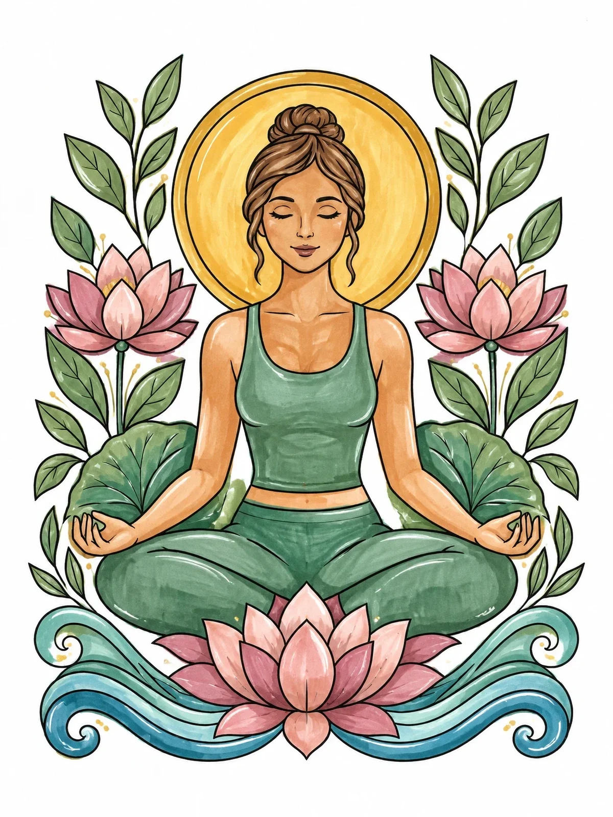 Colored example of the Serene Woman Meditating In Lotus Pose coloring page