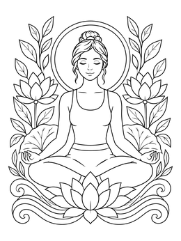 A woman meditating among lotus flowers in this mindfulness coloring page.