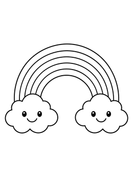 A simple arched rainbow and smiling clouds on a mindfulness coloring page.