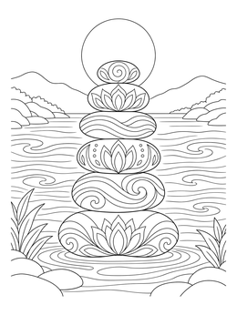 A calming mindfulness coloring page featuring stacked patterned stones by a peaceful lake.