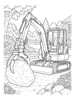 A mini excavator coloring page showing a hydraulic grapple lifting a large rock in a garden setting.