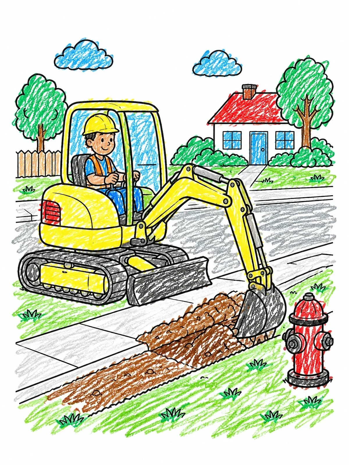 Colored example of the Mini Excavator Digging Near Fire Hydrant coloring page