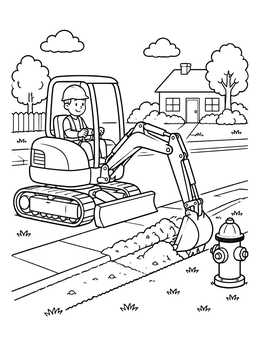 Free printable Mini Excavator Digging Near Fire Hydrant coloring page