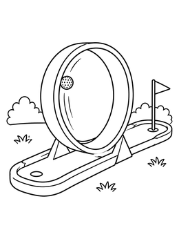 A mini golf coloring page showing a vertical loop obstacle with a ball rolling inside.