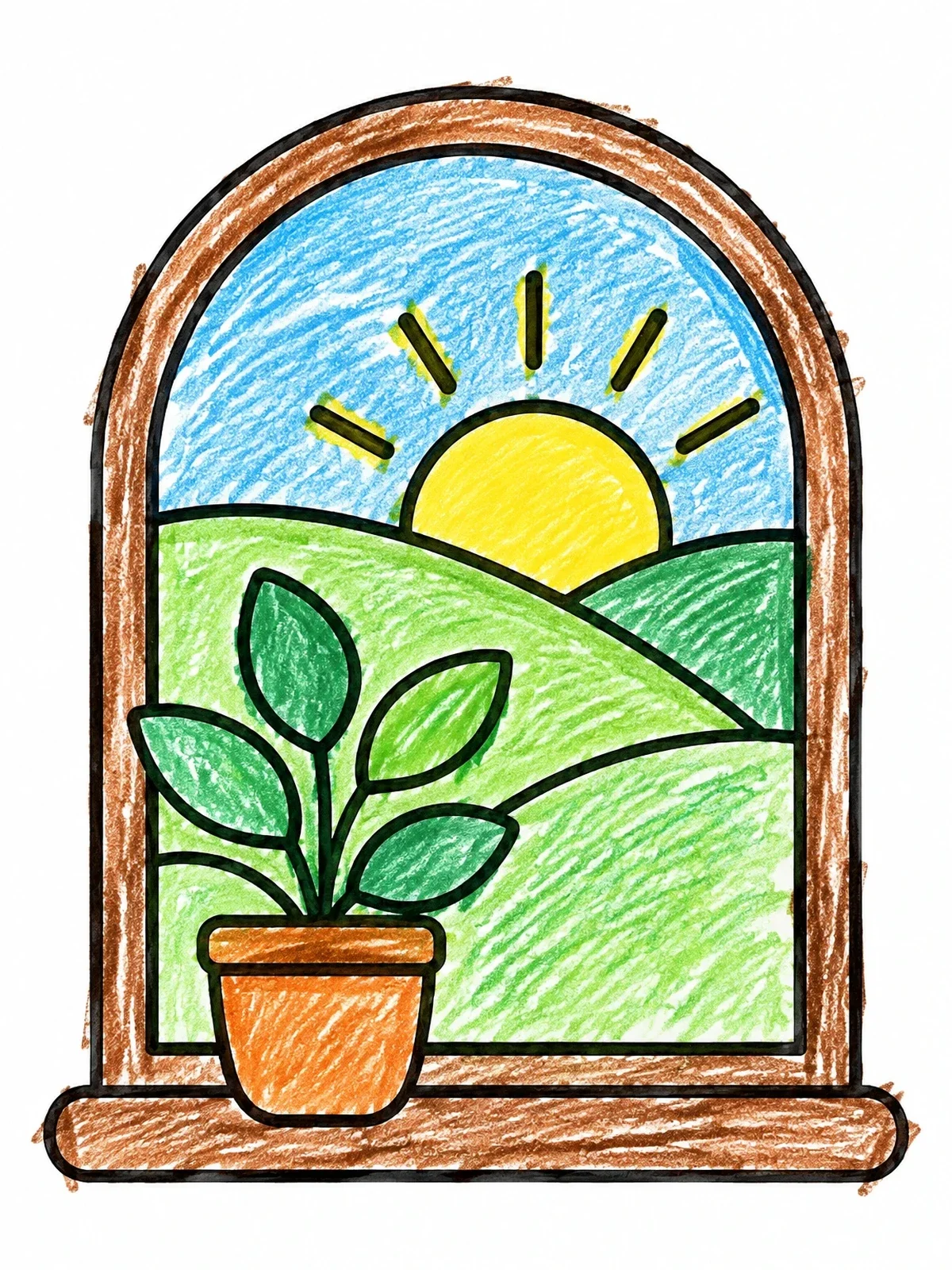 Colored example of the Arched Window With Sunrise And Plant coloring page