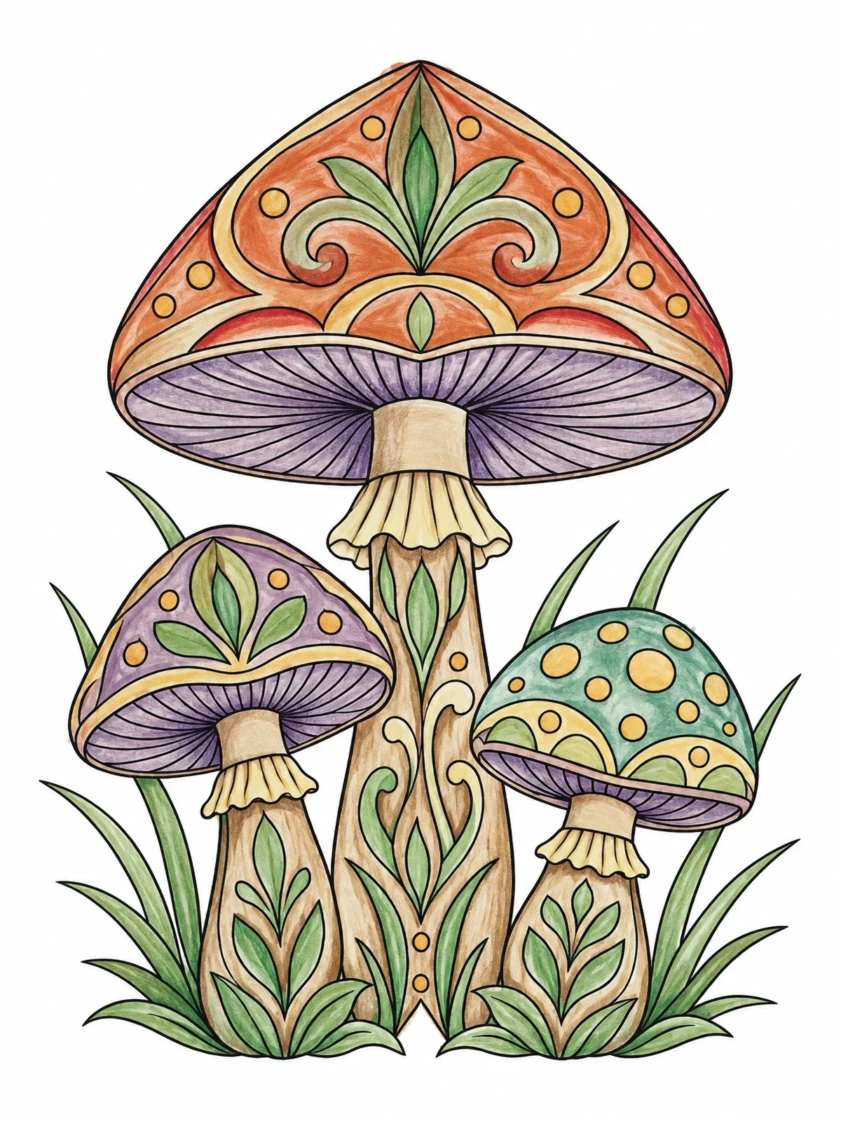 Colored example of the Decorative Wild Mushrooms In Grass coloring page