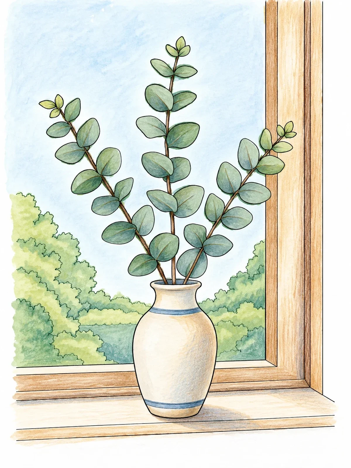 Colored example of the Eucalyptus Branches In Window Vase coloring page