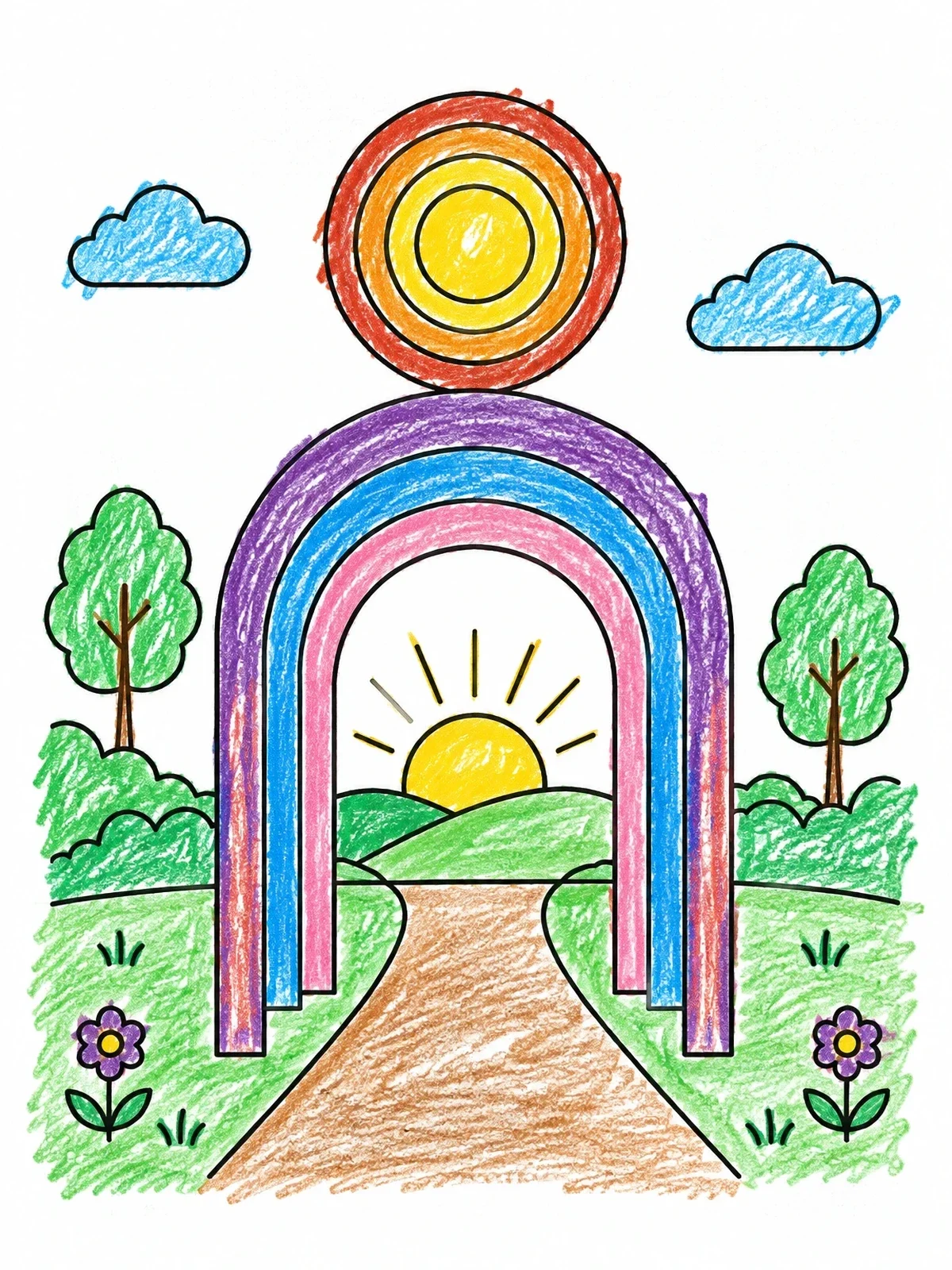 Colored example of the Geometric Arches And Rising Sun Landscape coloring page