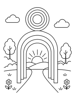 Free printable Geometric Arches And Rising Sun Landscape coloring page