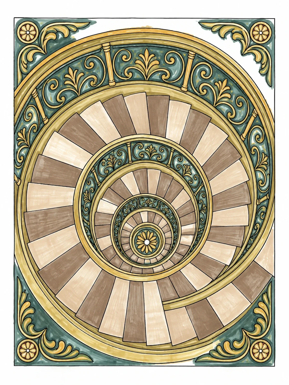 Colored example of the Geometric Spiral Staircase From Above coloring page