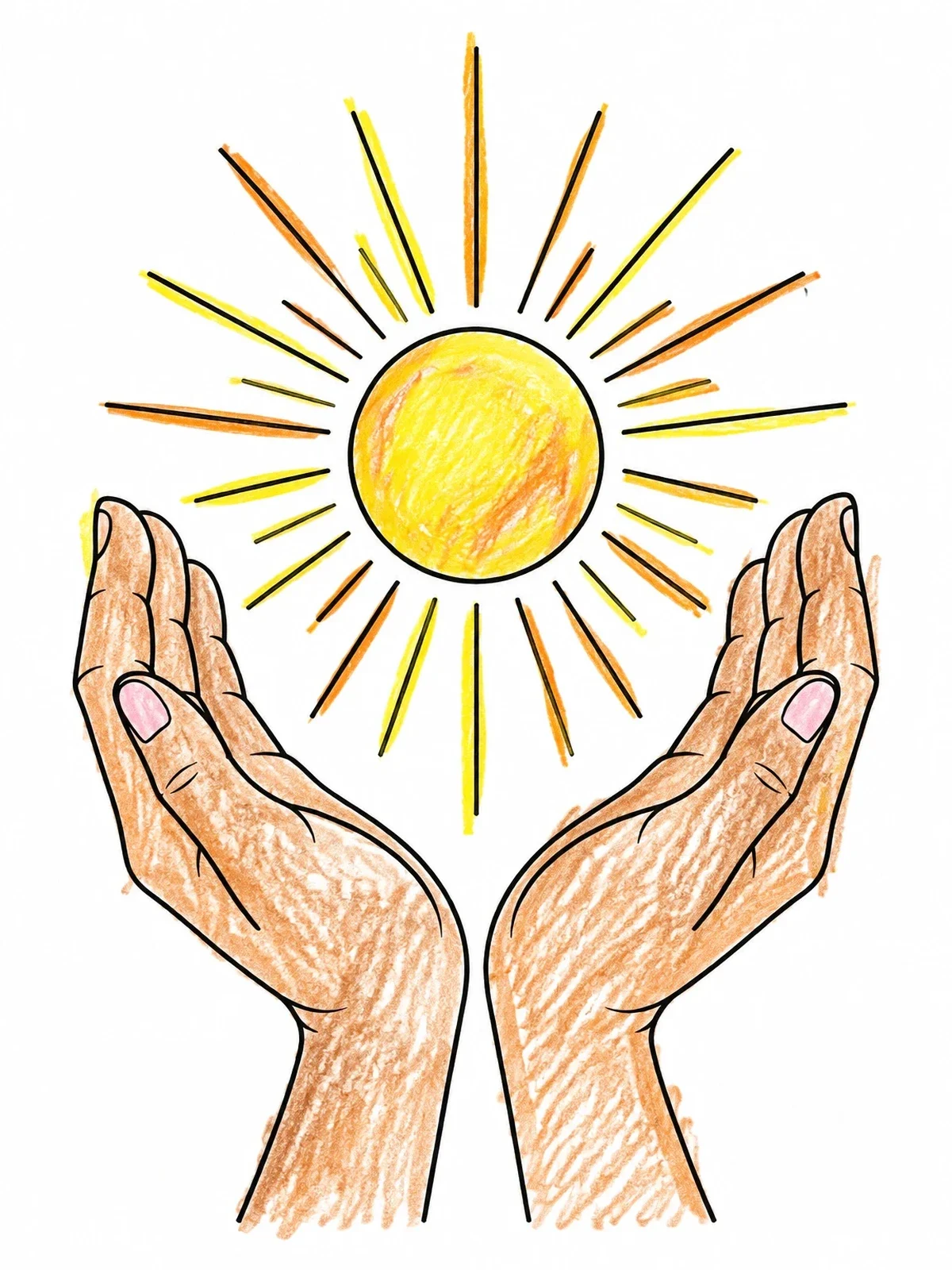 Colored example of the Hands Holding A Radiant Sun coloring page