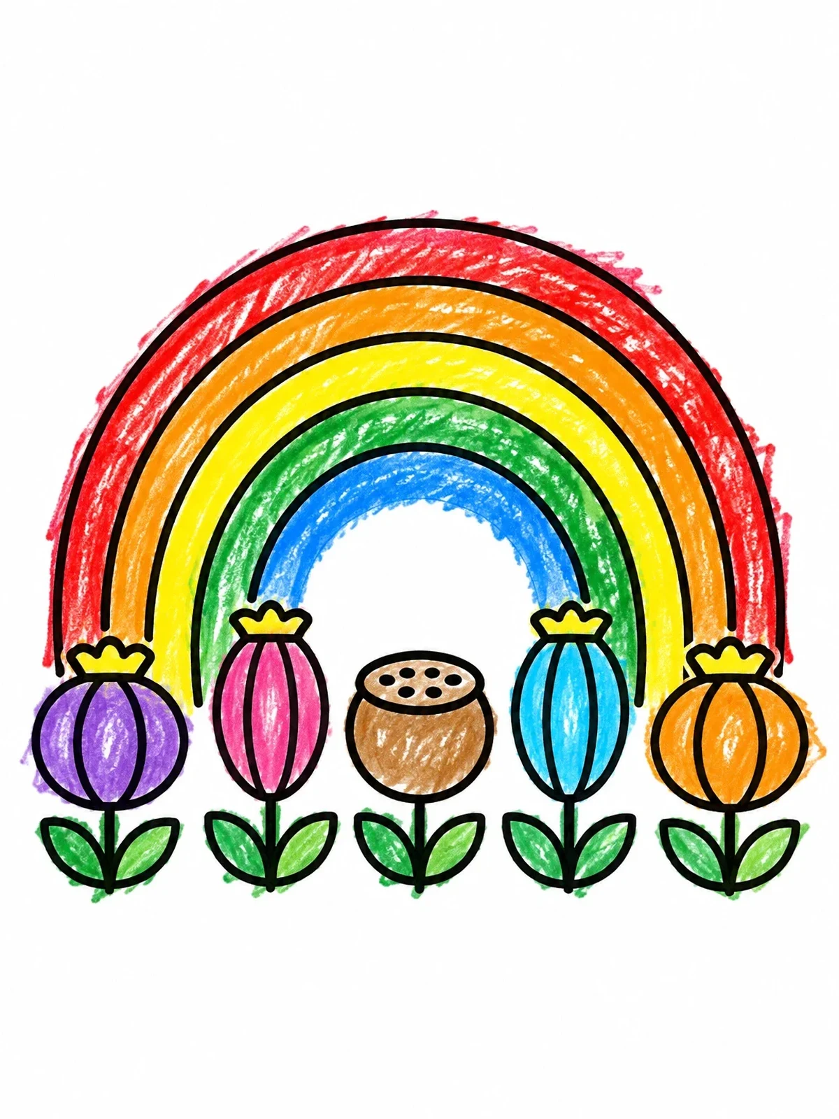 Colored example of the Rainbow And Botanical Seed Pods coloring page