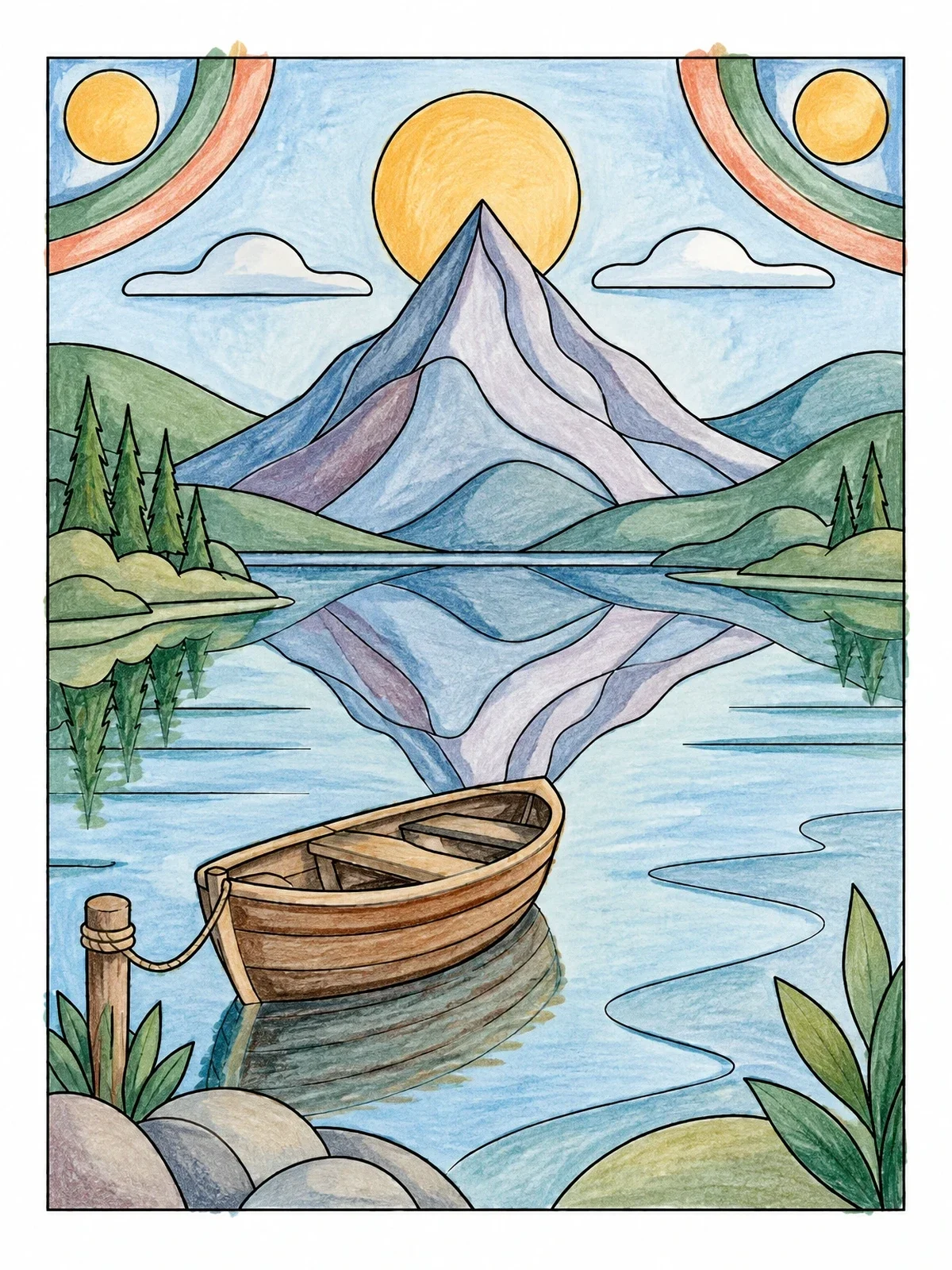 Colored example of the Rowboat By Mountain Lake Reflection coloring page