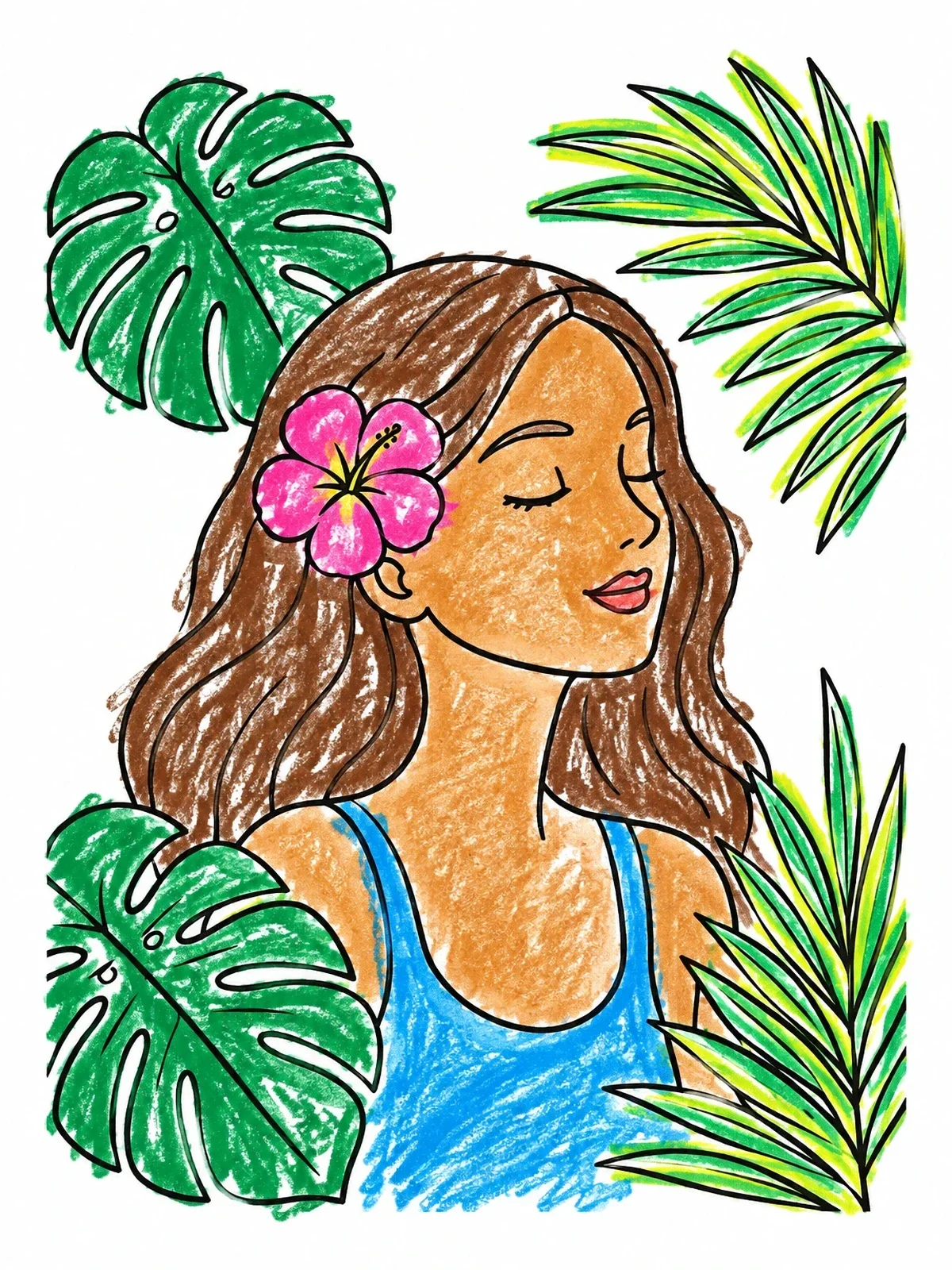 Colored example of the Serene Woman With Tropical Leaves coloring page