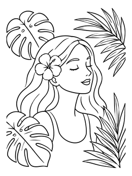 Free printable Serene Woman With Tropical Leaves coloring page