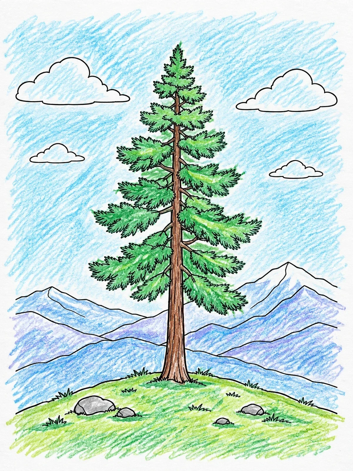 Colored example of the Solitary Pine On A Hill coloring page