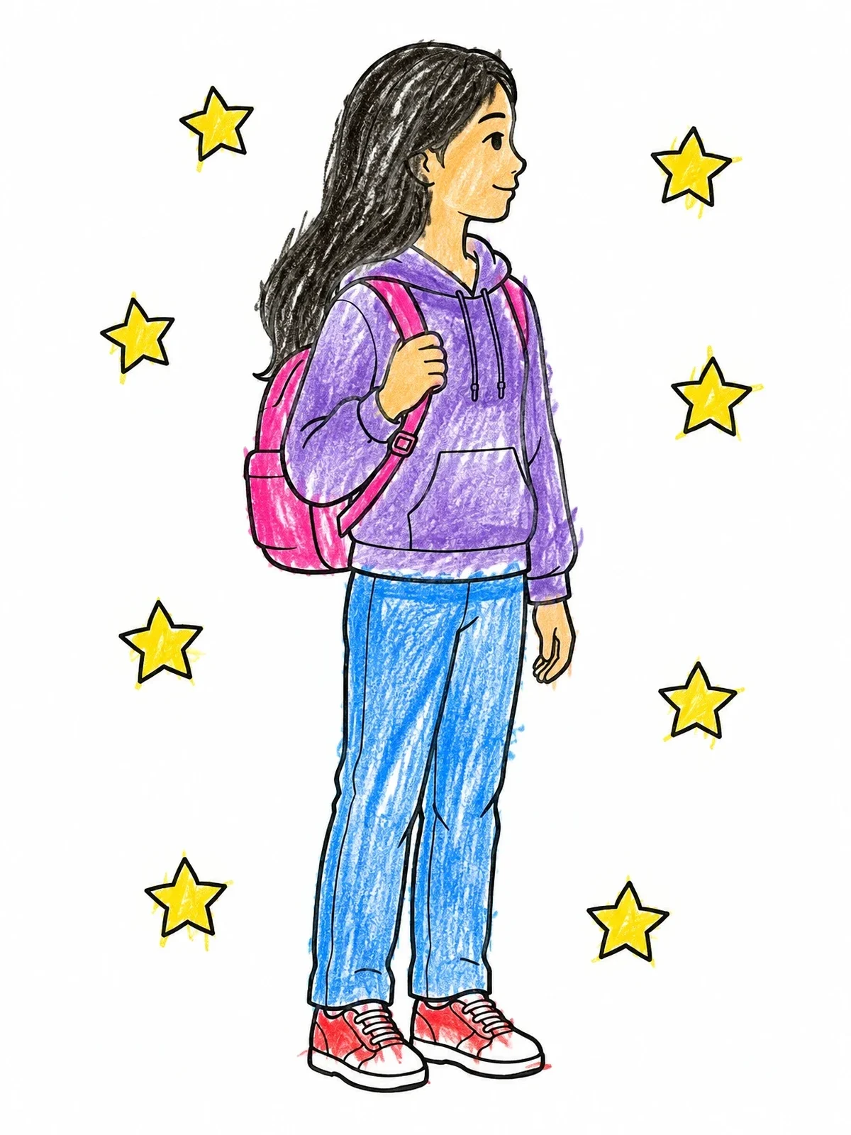 Colored example of the Standing Girl With Backpack And Stars coloring page