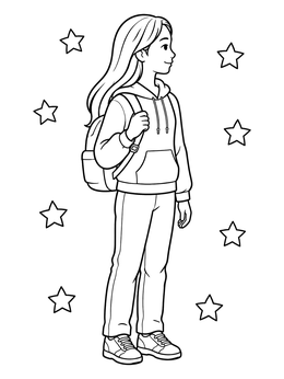 Free printable Standing Girl With Backpack And Stars coloring page