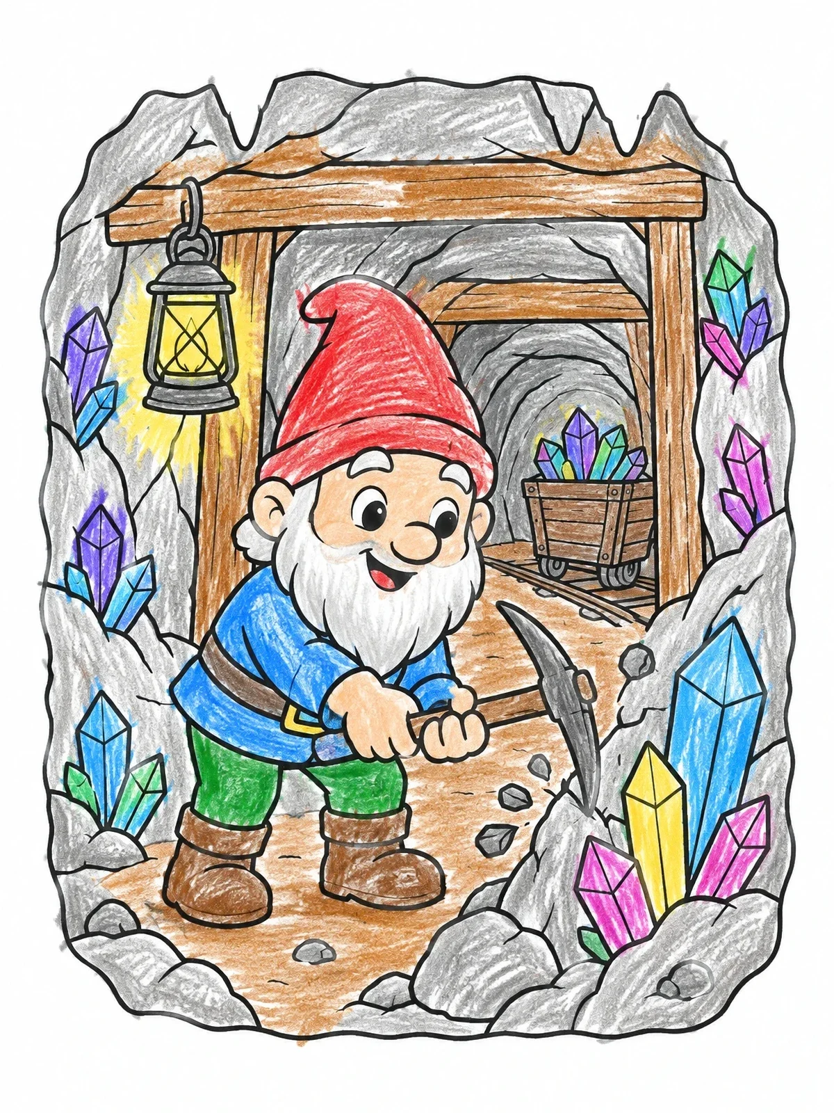 Colored example of the Cheerful Gnome Miner With Pickaxe coloring page