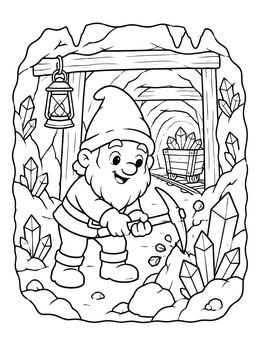 Free printable Cheerful Gnome Miner With Pickaxe coloring page