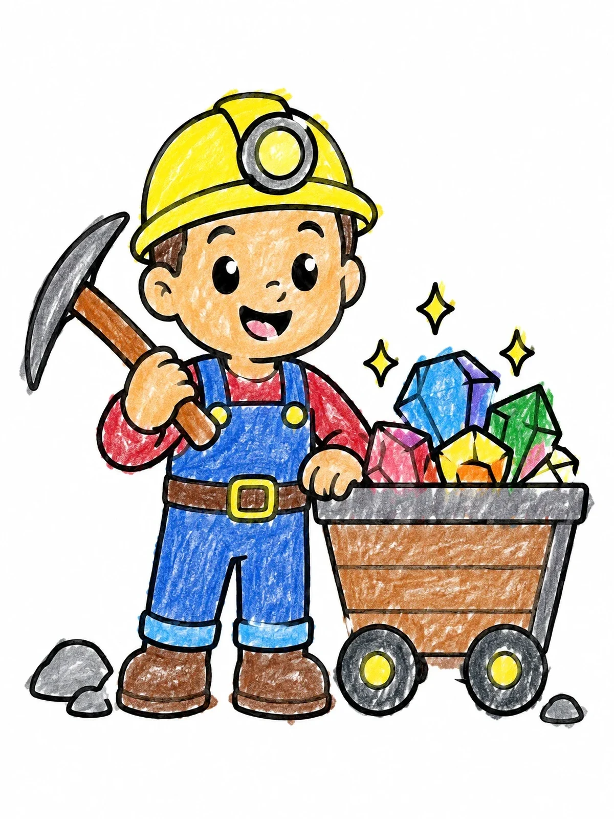 Colored example of the Cheerful Miner With Gem Cart coloring page