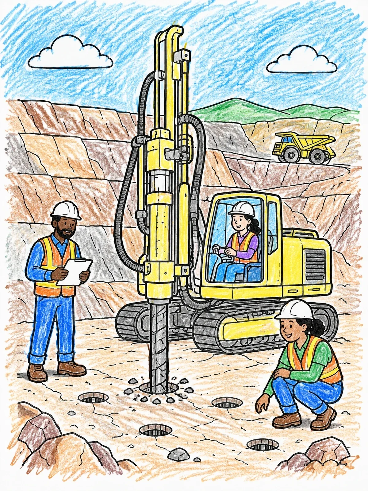 Colored example of the Mining Crew With Rotary Rock Drill coloring page