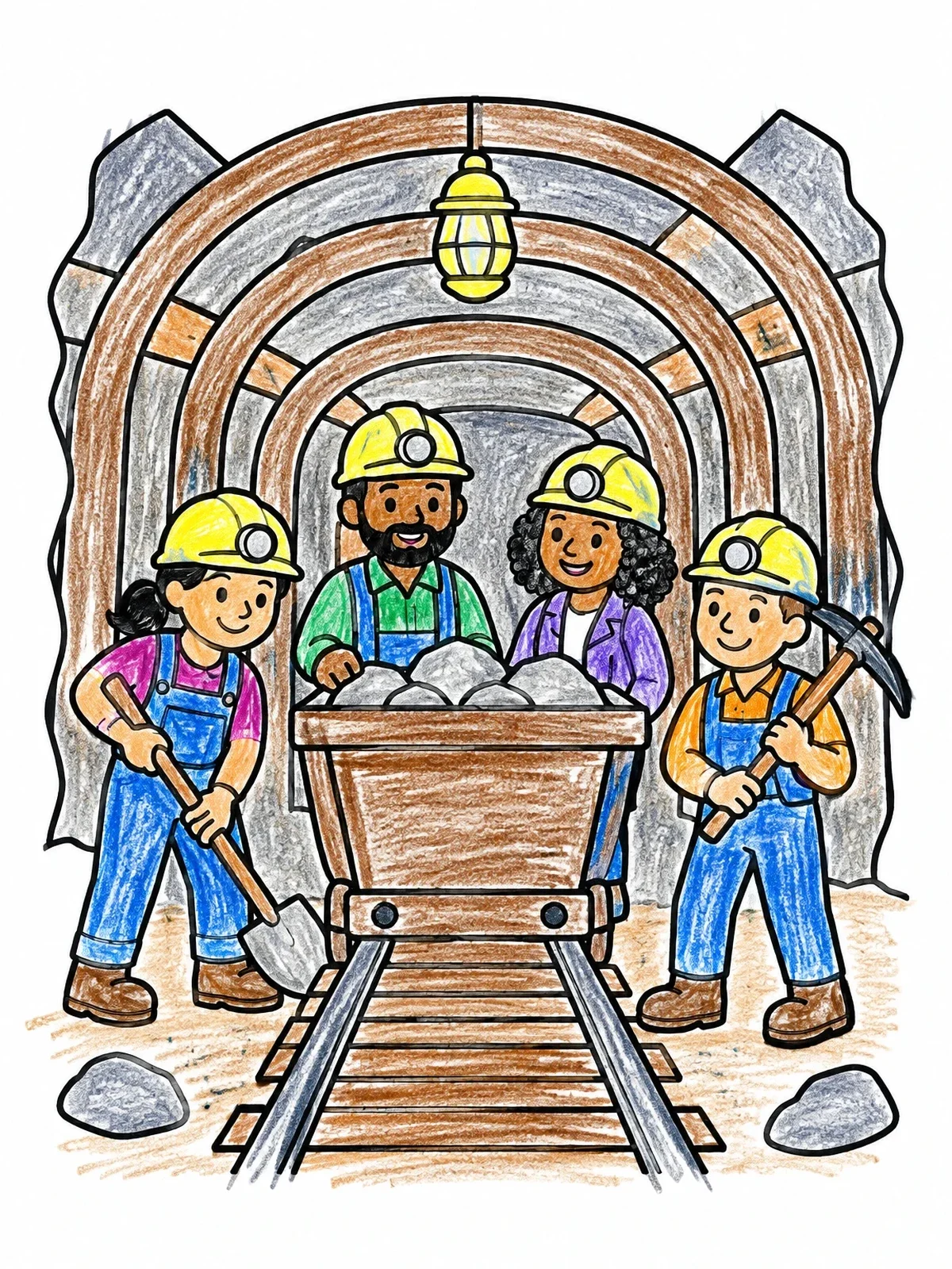 Colored example of the Friendly Miners In Mine Tunnel coloring page
